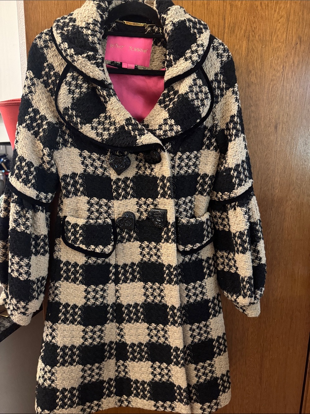 Betsey Johnson Black and Cream Checked Tweed Pea Coat. Early 2000’s vintage